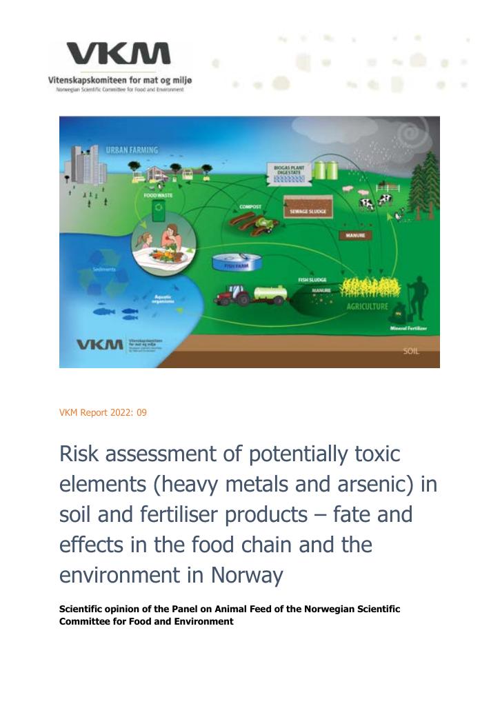 Forsiden av dokumentet Risk assessment of potentially toxic elements (heavy metals and arsenic) in soil and fertiliser products – fate and effects in the food chain and the environment in Norway