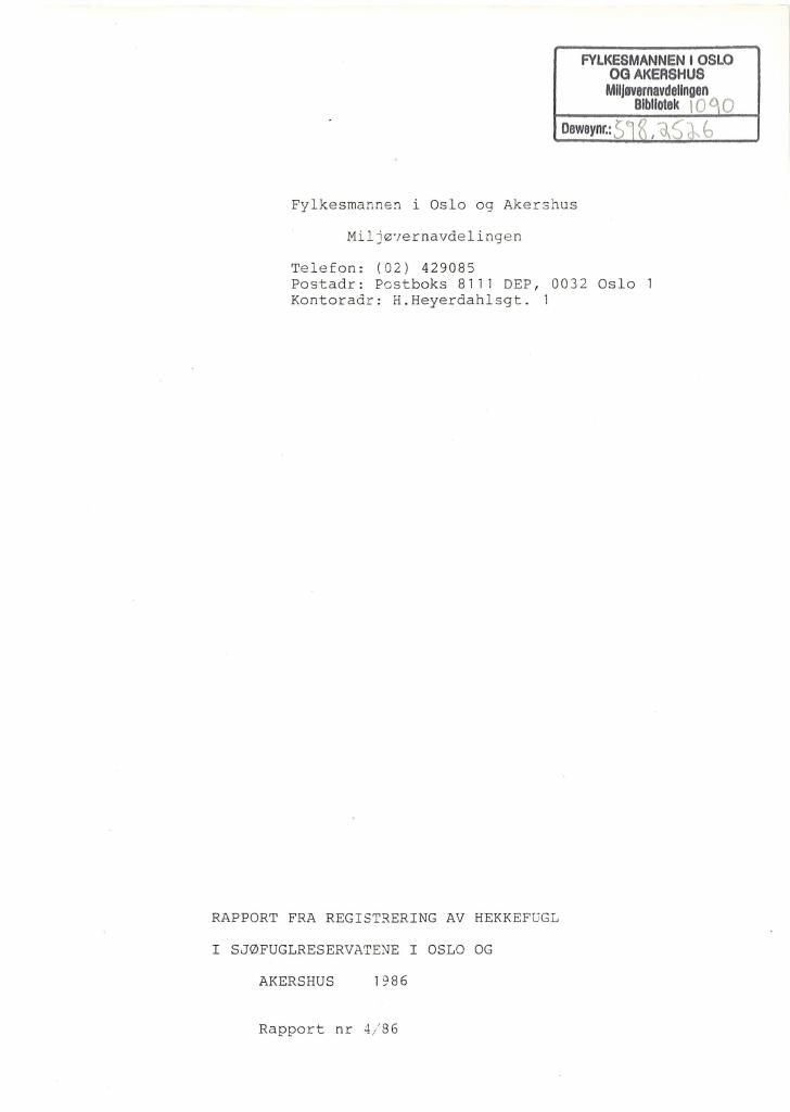 Forsiden av dokumentet Rapport fra registrering av hekkefugl i sjøfuglreservatene i Oslo og Akershus 1986