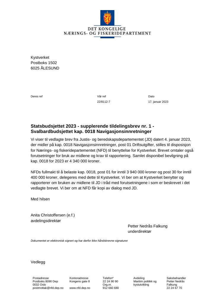 Forsiden av dokumentet Tildelingsbrev Kystverket 2023 - tillegg nr. 1
