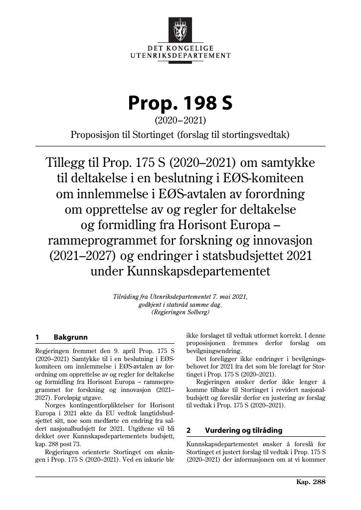 Forsiden av dokumentet Prop. 198 S (2020–2021)