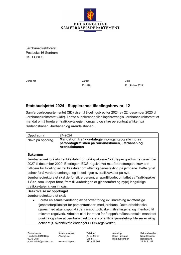Forsiden av dokumentet Tildelingsbrev Jernbanedirektoratet 2024 - tillegg nr. 12