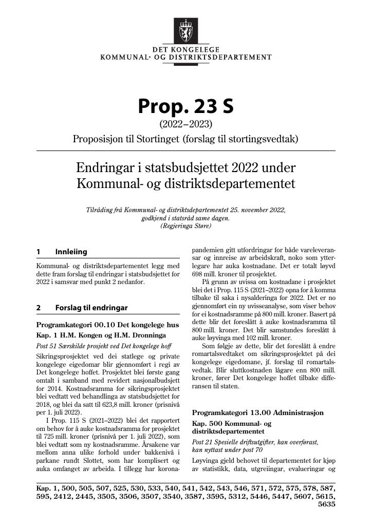 Forsiden av dokumentet Prop. 23 S (2022–2023)
