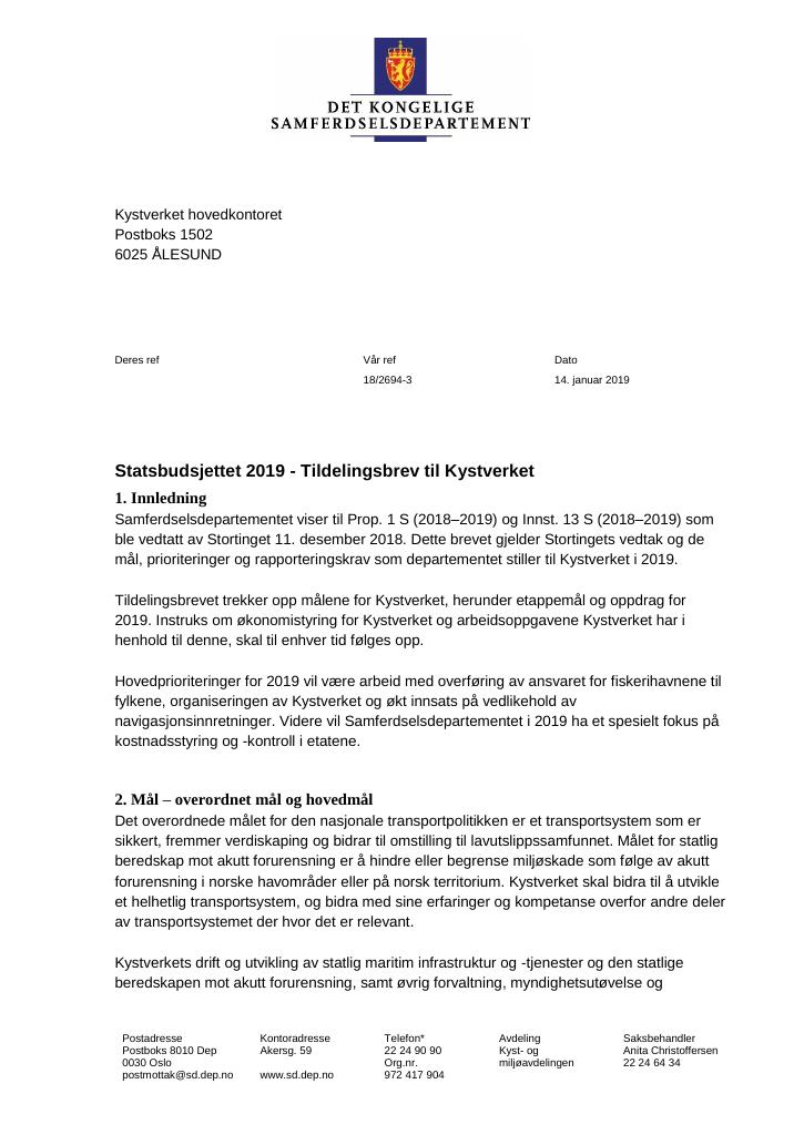 Forsiden av dokumentet Tildelingsbrev Kystverket 2019