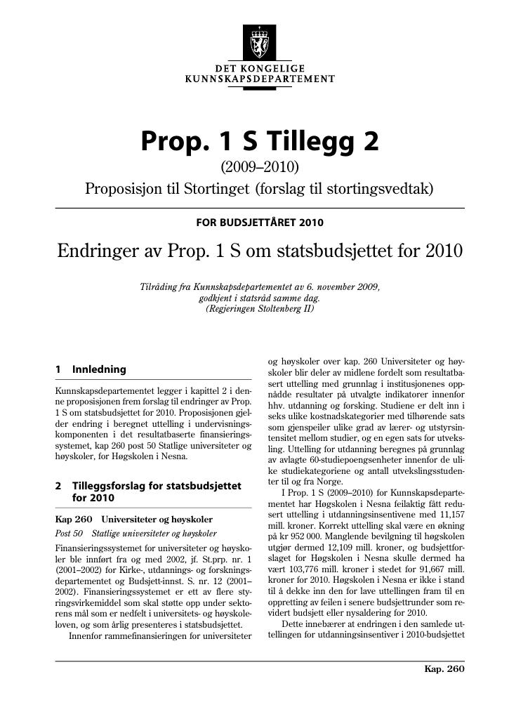 Forsiden av dokumentet Prop. 1 S Tillegg 2 (2009-2010)