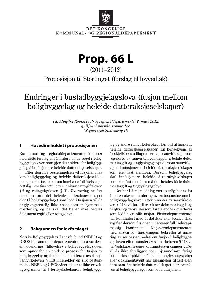 Forsiden av dokumentet Prop. 66 L (2011–2012)