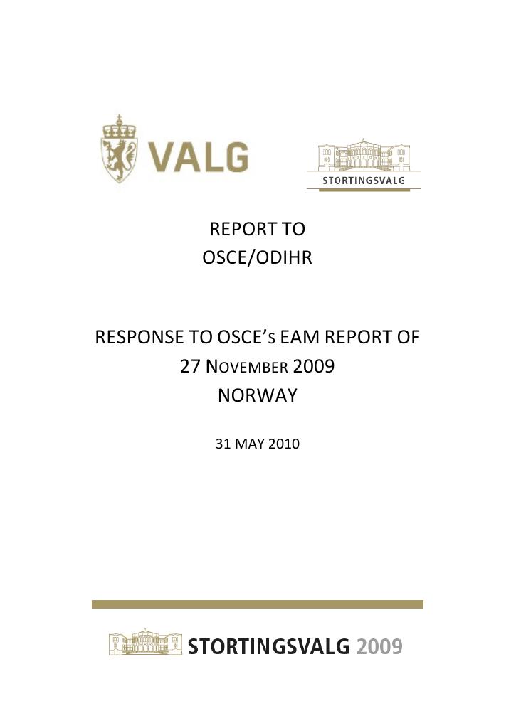 Forsiden av dokumentet Response to OSCE'S EAM report of 27 November 2009. Norway