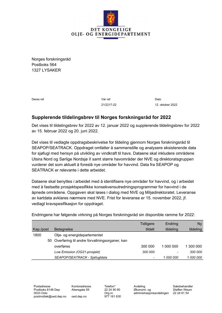 Forsiden av dokumentet Tildelingsbrev Norges forskningsråd 2022 - tillegg
