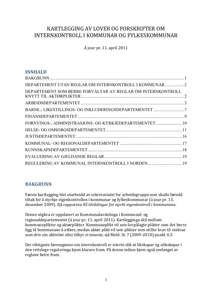 Forsiden av dokumentet Kartlegging av lover og forskrifter om internkontroll i kommunar og fylkeskommunar
