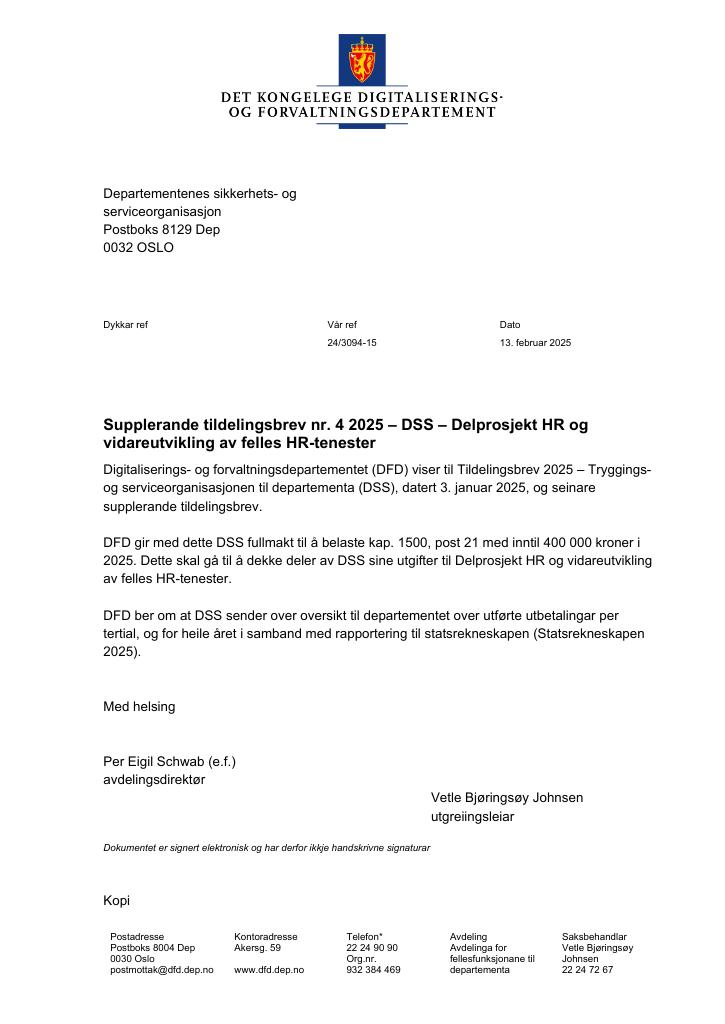Forsiden av dokumentet Tildelingsbrev Departementenes sikkerhets- og serviceorganisasjon 2025 - tillegg nr. 4
