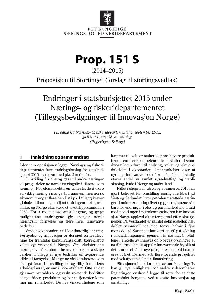 Forsiden av dokumentet Prop. 151 S (2014–2015)