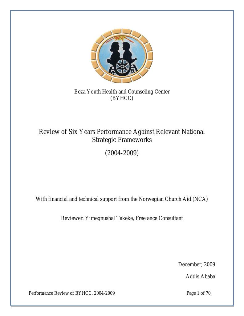Forsiden av dokumentet Performance Review of Beza Youth Health and Counselling centre against relevant national strategic frameworks (2004-2009)