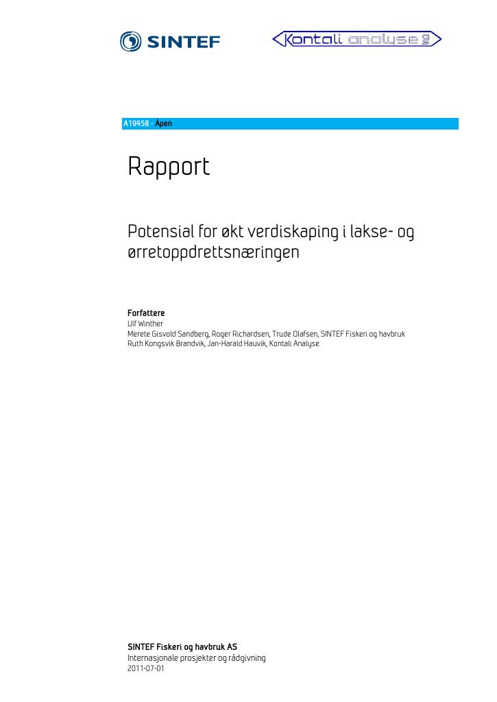 Forsiden av dokumentet Potensial for økt verdiskaping i lakse- og ørretoppdrettsnæringen