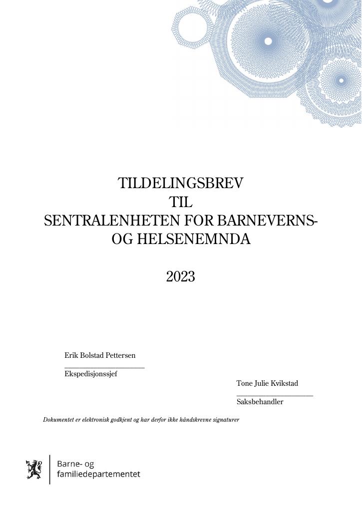 Forsiden av dokumentet Tildelingsbrev Barneverns- og helsenemnda 2023