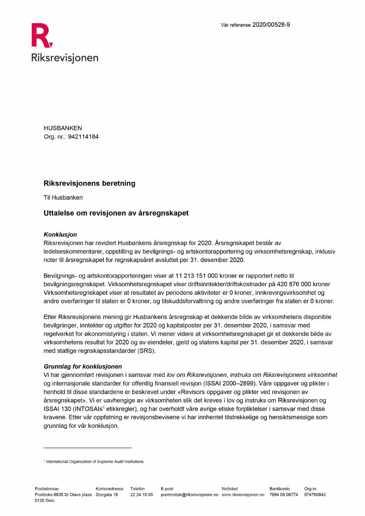 Forsiden av dokumentet Revisjonsberetning 2020 (pdf)