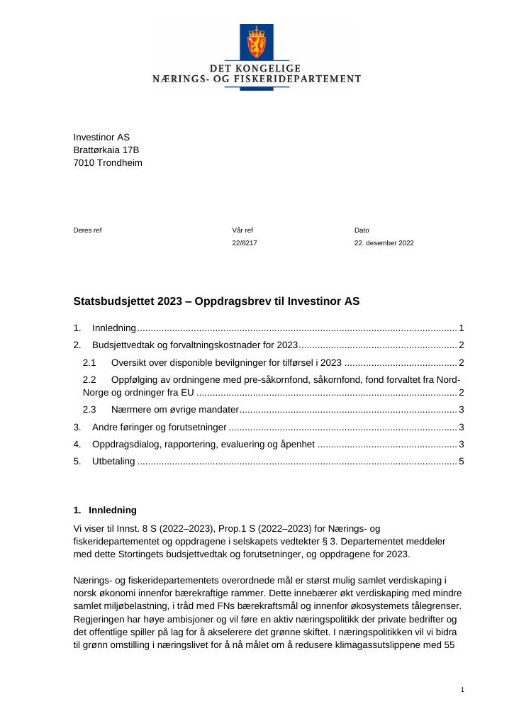 Forsiden av dokumentet Oppdragsbrev Investinor 2023