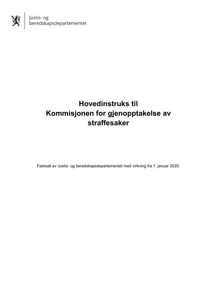 Forsiden av dokumentet Hovedinstruks Kommisjonen for gjenopptakelse av straffesaker 2020