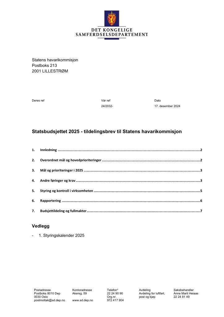 Forsiden av dokumentet Tildelingsbrev Statens havarikommisjon 2025