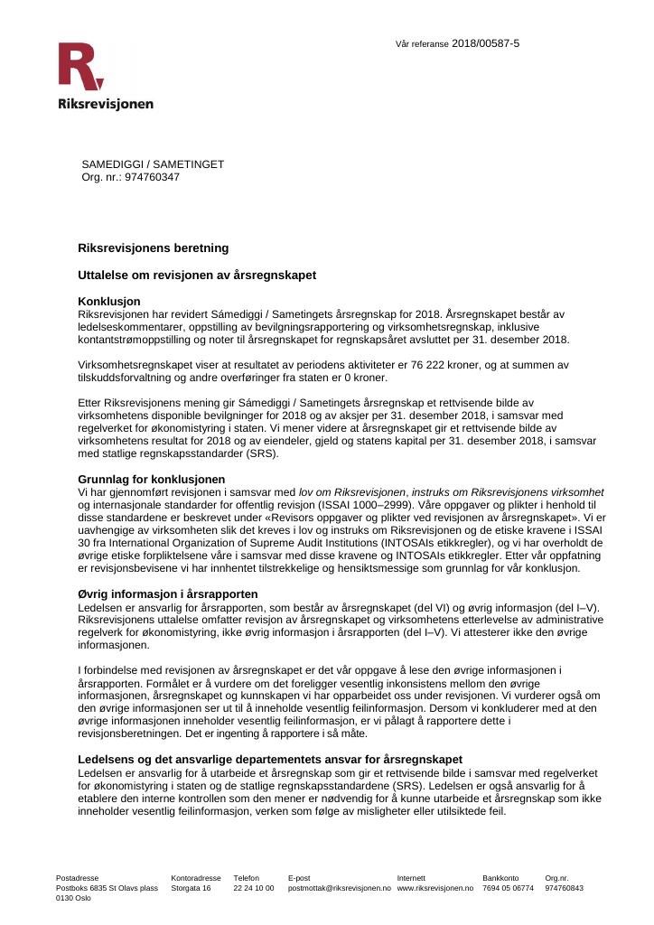 Forsiden av dokumentet Revisjonsberetning Sametinget 2018