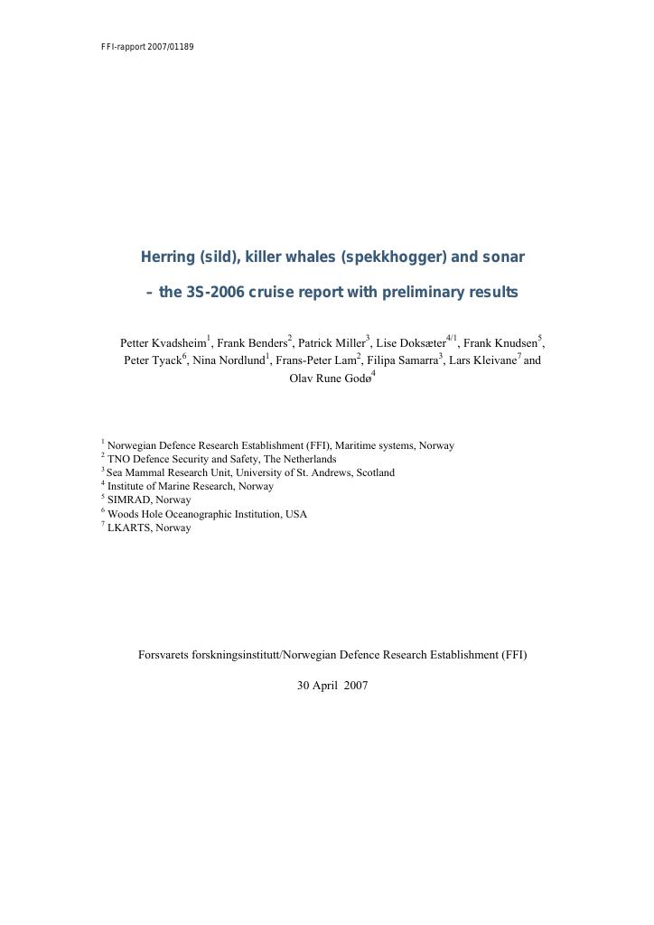 Forsiden av dokumentet Herring (sild), killer whales (spekkhogger) and sonar : the 3S-2006 cruise report with preliminary results