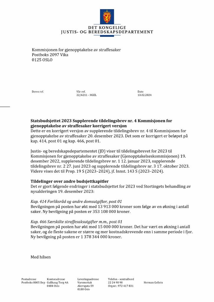 Forsiden av dokumentet Tildelingsbrev Kommisjonen for gjenopptakelse av straffesaker 2023 - tillegg nr. 4