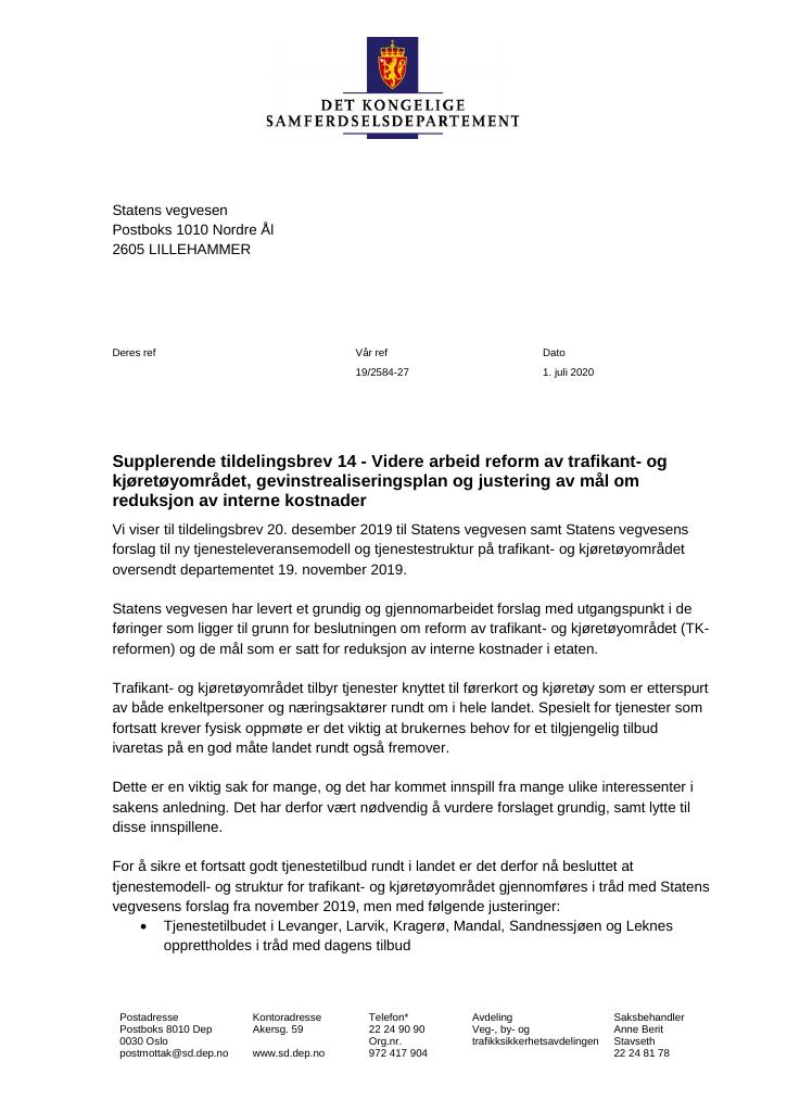 Forsiden av dokumentet Supplerende tildelingsbrev Statens vegvesen 2020 - nr. 14