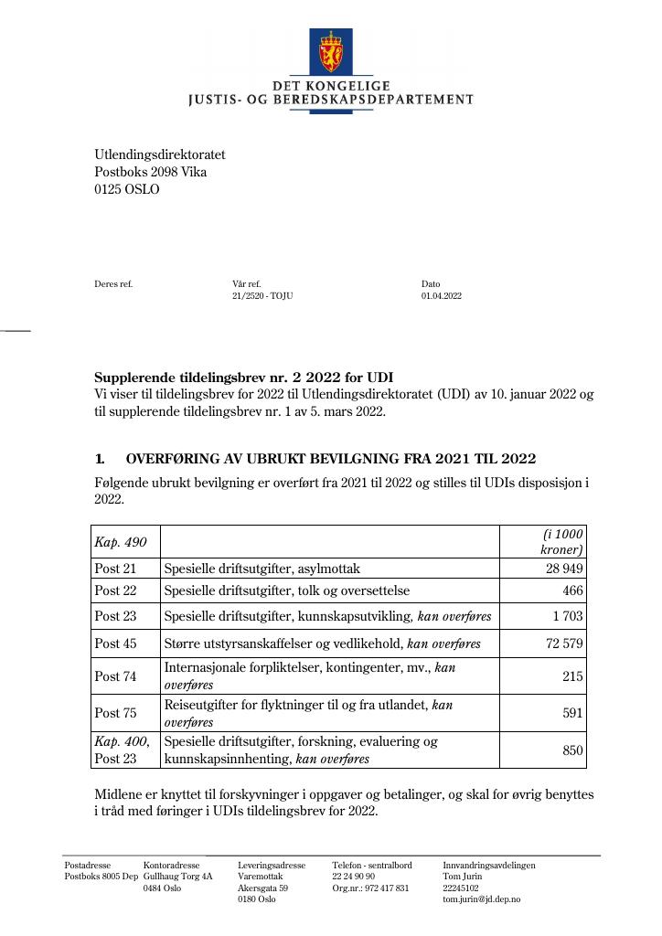 Forsiden av dokumentet Tildelingsbrev Utlendingsdirektoratet 2022 - tillegg nr. 2