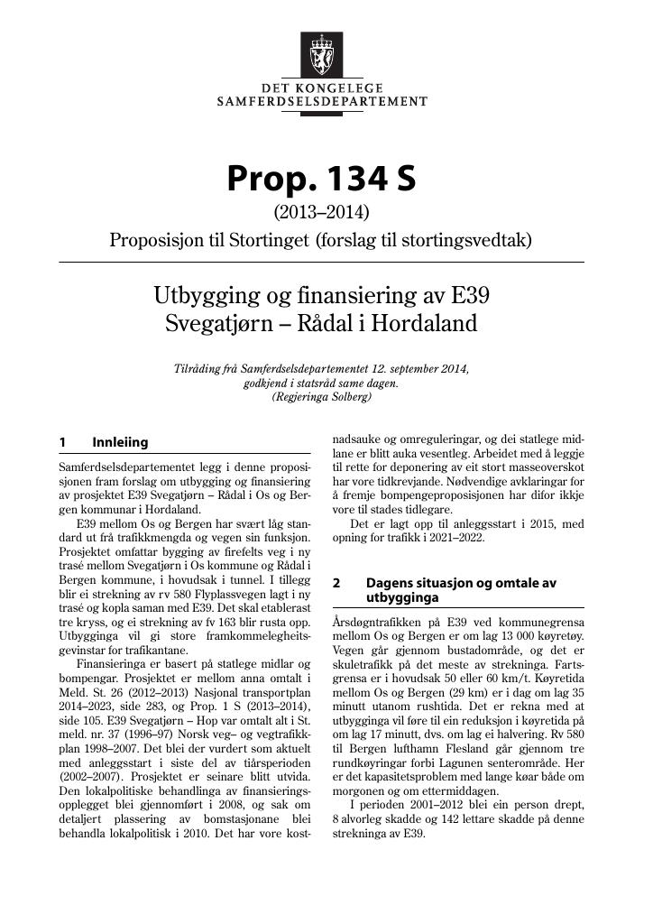 Forsiden av dokumentet Prop. 134 S (2013–2014)