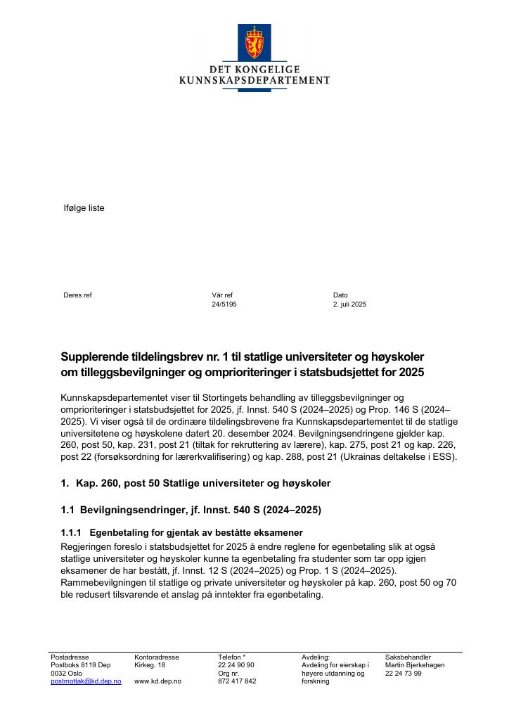 Forsiden av dokumentet Tildelingsbrev Universiteter og høyskoler 2025 - tillegg nr. 1