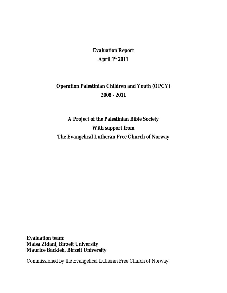 Forsiden av dokumentet Evaluation Report; Operation Palestinian Children and Youth (OPCY) 2008-2011
