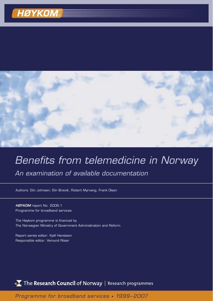 Forsiden av dokumentet Benefits from telemedicine in Norway