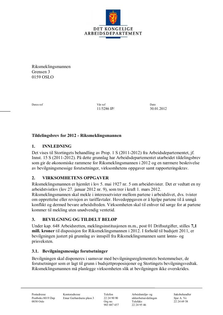 Forsiden av dokumentet Tildelingsbrev (PDF)