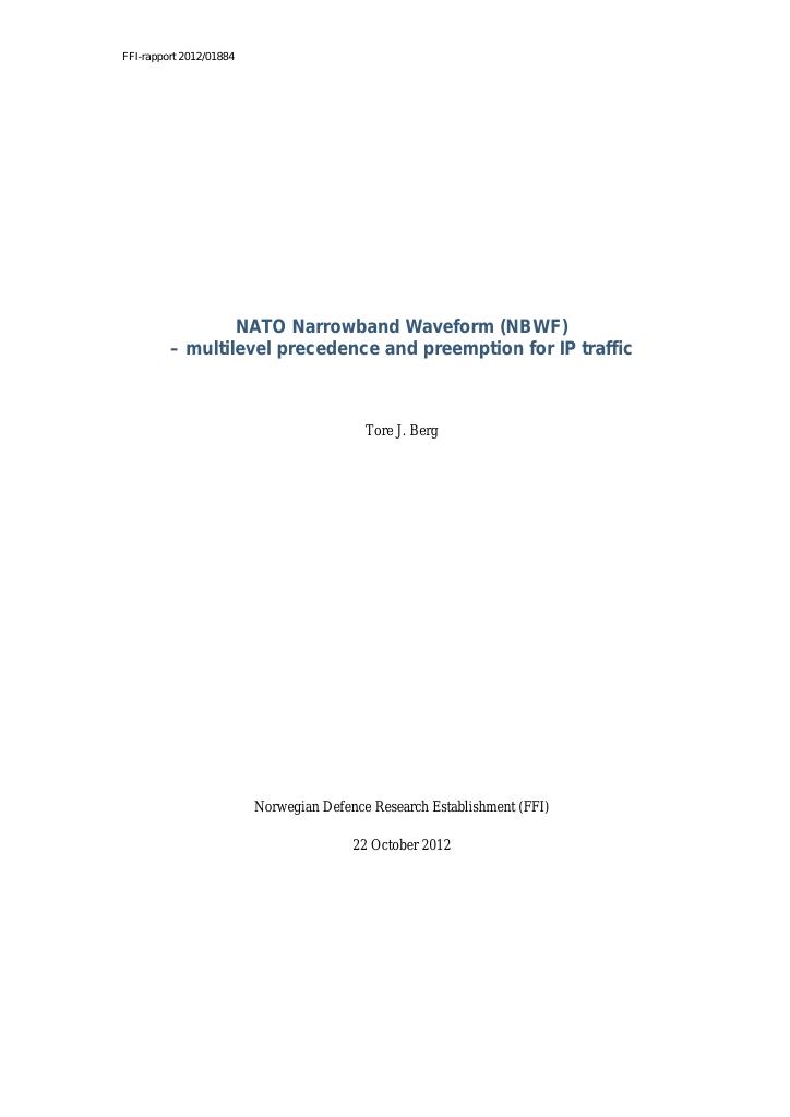 Forsiden av dokumentet NATO Narrowband Waveform (NBWF) - multilevel-level precedence and preemption for IP traffic