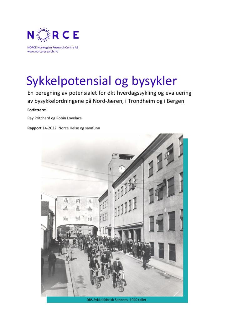 Forsiden av dokumentet Sykkelpotensial og bysykler : en beregning av potensialet for økt hverdagssykling og evaluering av bysykkelordningene på Nord-Jæren, i Trondheim og i Bergen