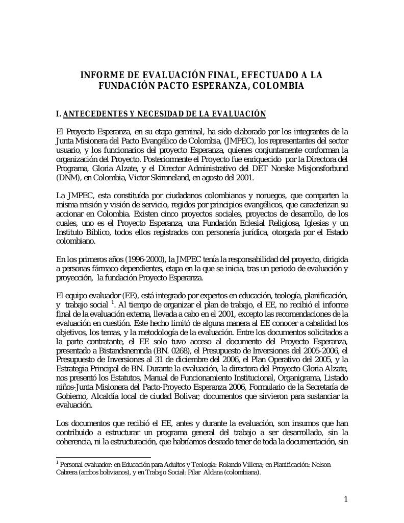 Forsiden av dokumentet Evaluation of the “Foundation Esperanza Project” in Colombia