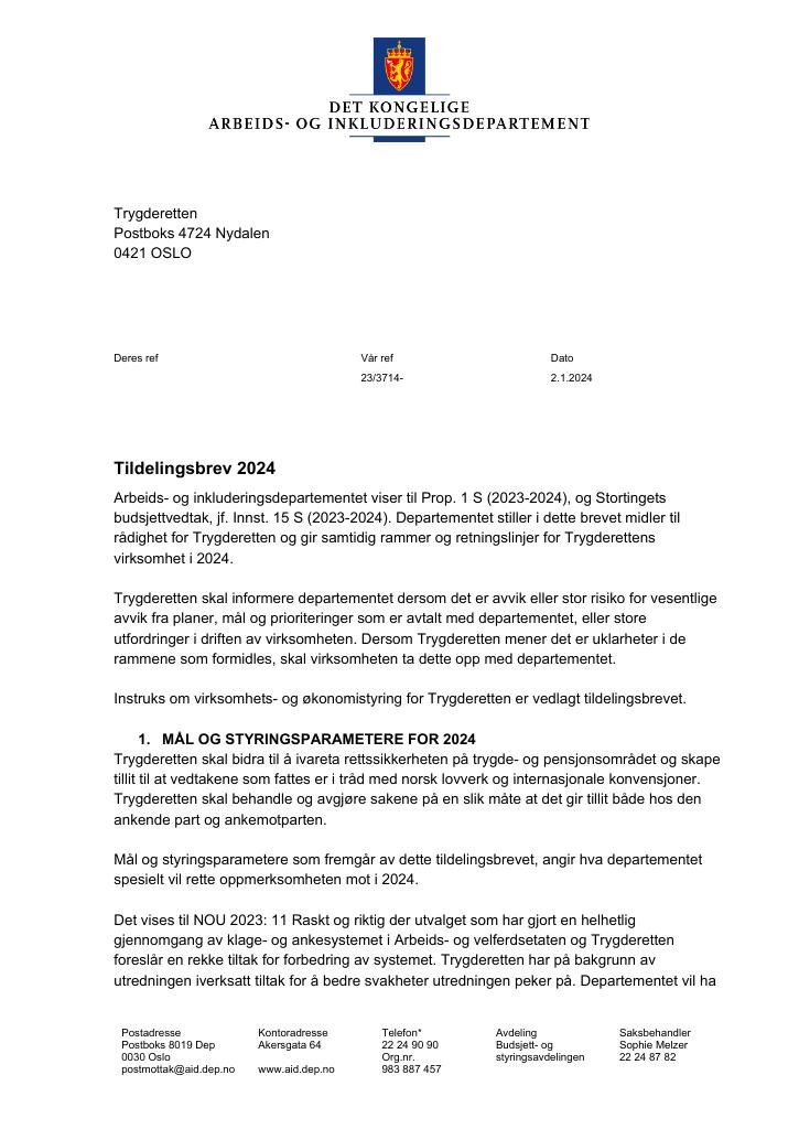 Forsiden av dokumentet Tildelingsbrev Trygderetten 2024