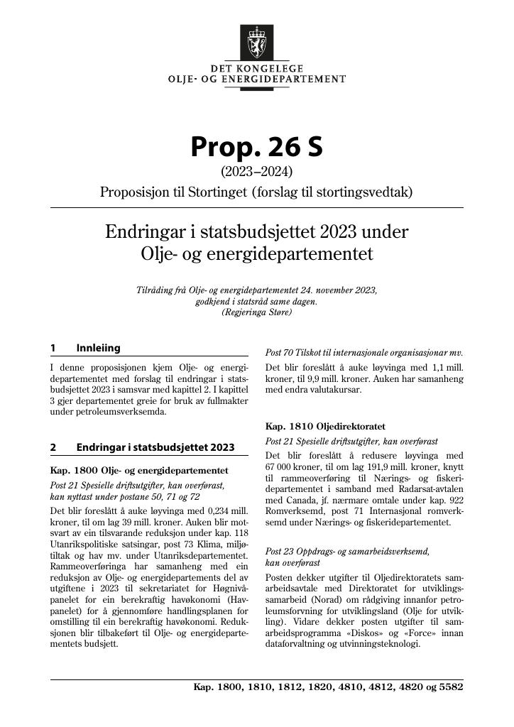 Forsiden av dokumentet Prop. 26 S (2023–2024)