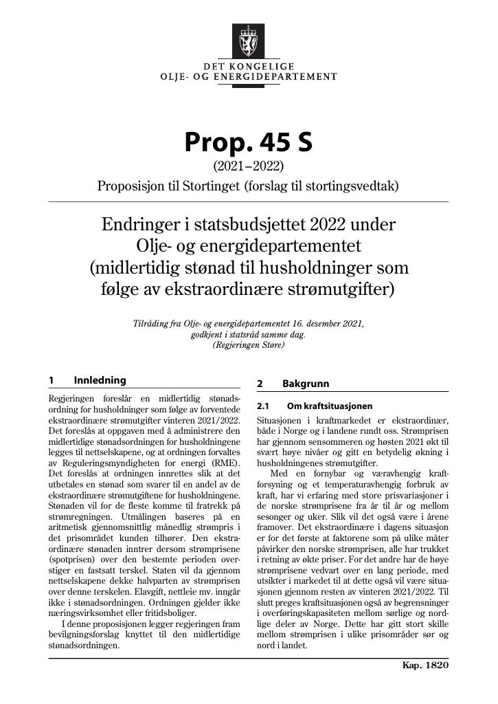 Forsiden av dokumentet Prop. 45 S (2021–2022)