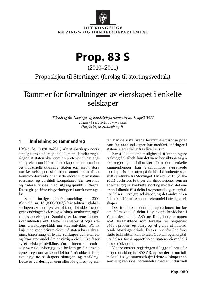 Forsiden av dokumentet Prop. 83 S (2010–2011)