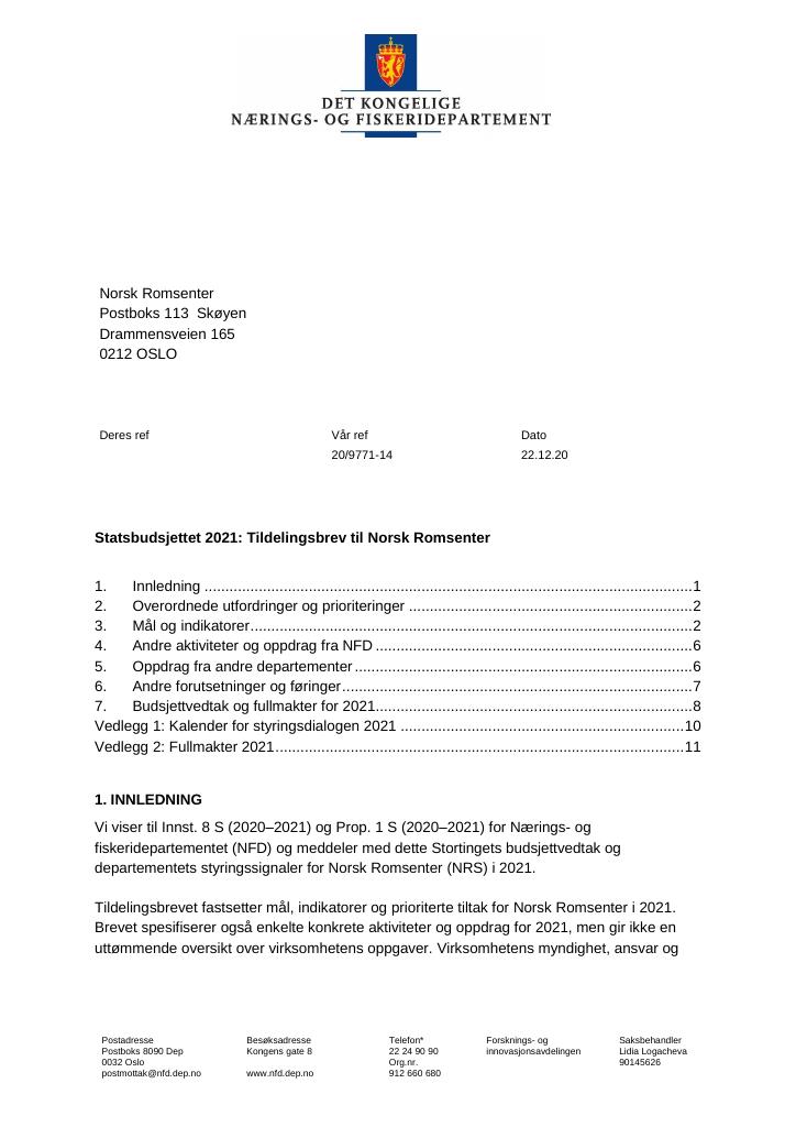 Forsiden av dokumentet Tildelingsbrev Norsk romsenter 2021