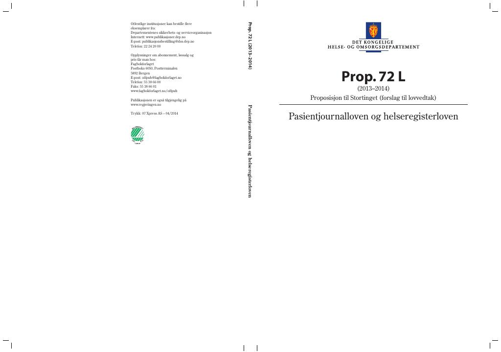 Forsiden av dokumentet Prop. 72 L (2013–2014)