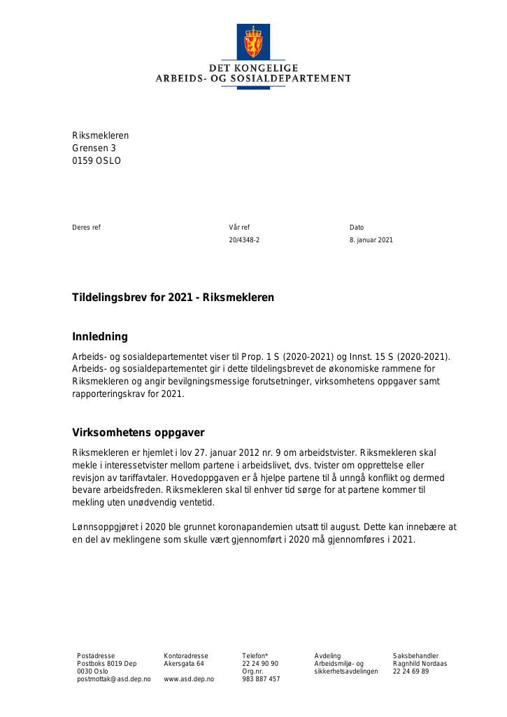 Forsiden av dokumentet Tildelingsbrev Riksmekleren 2021