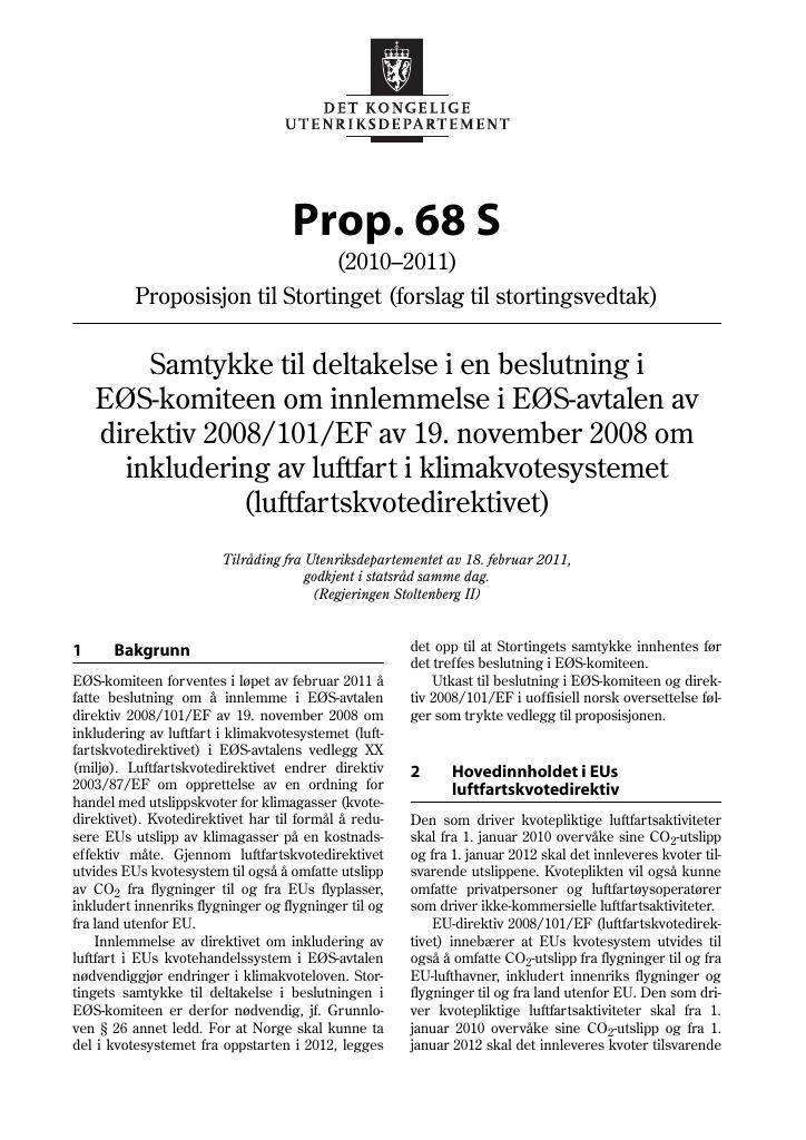 Forsiden av dokumentet Prop. 68 S (2010–2011)
