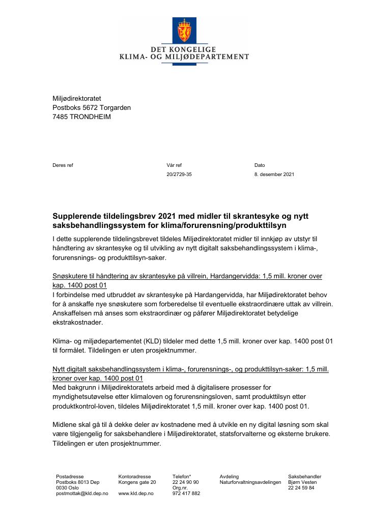 Forsiden av dokumentet Tildelingsbrev Miljødirektoratet 2021 - tillegg