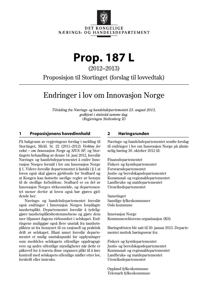 Forsiden av dokumentet Prop. 187 L (2012–2013)