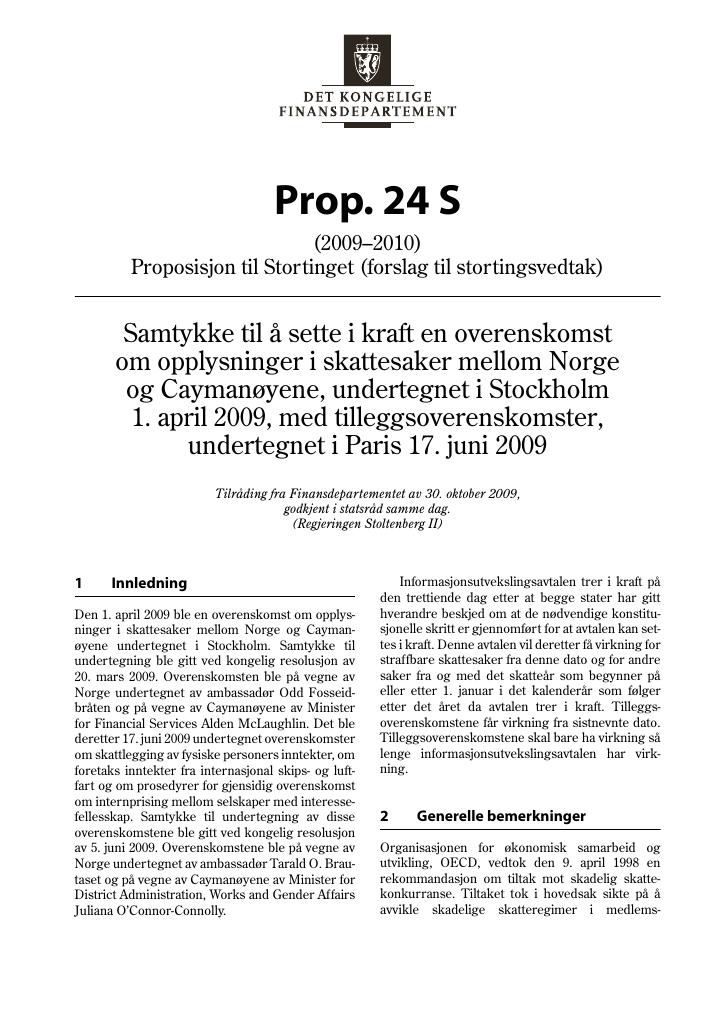 Forsiden av dokumentet Prop. 24 S (2009–2010)