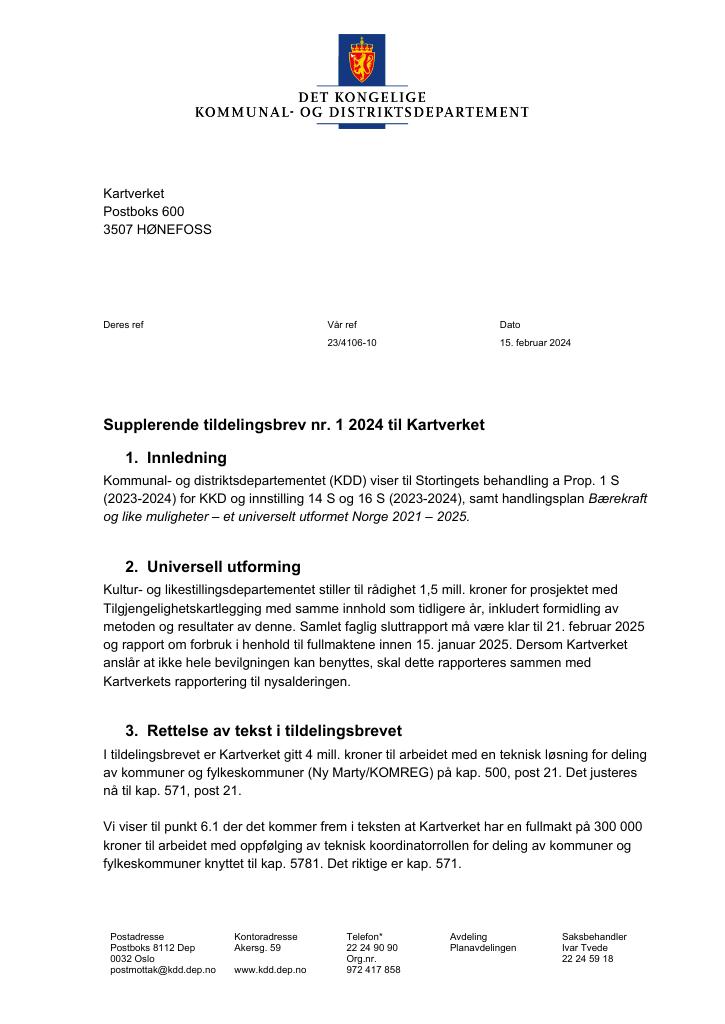 Forsiden av dokumentet tilleggsbrev nr1 (pdf) 2024