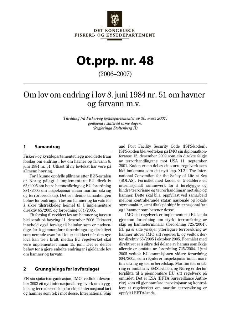 Forsiden av dokumentet Ot.prp. nr. 48 (2006-2007)