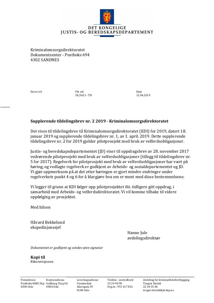 Forsiden av dokumentet Supplerende tildelingsbrev nr. 2 Kriminalomsorgsdirektoratet 2019