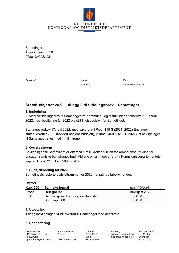 Forsiden av dokumentet Supplerende tildelingsbrev 2.pdf 2022