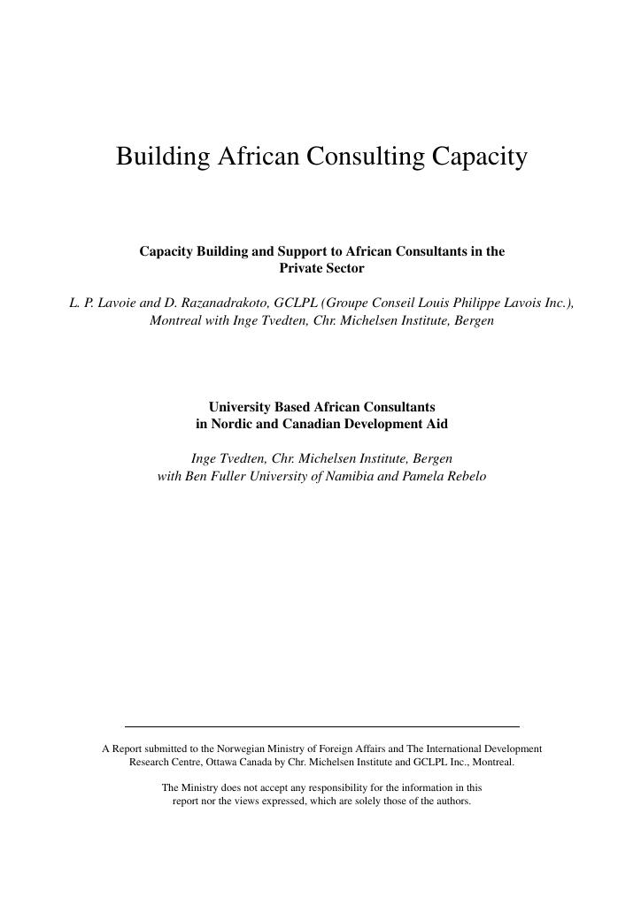 Forsiden av dokumentet Building African Consulting Capacity Capacity Building and Support to African Consultants in the Private Sector